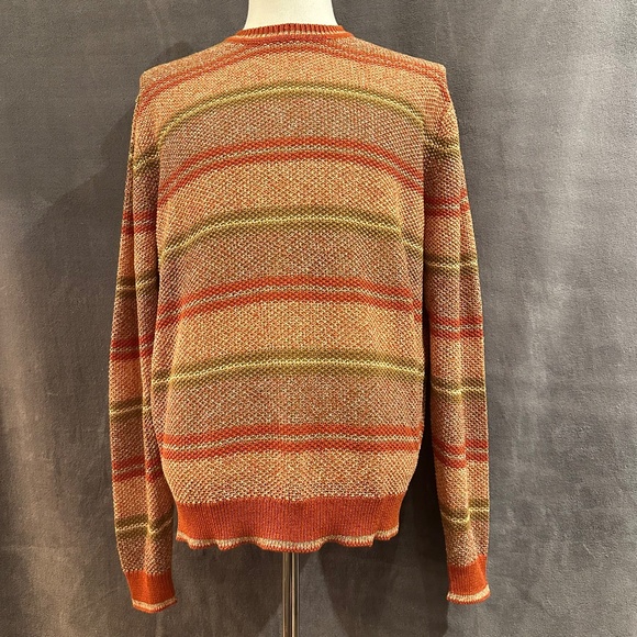 New Henry Jacobson, size Lg, rust ground, multicolor stripe, 100% linen sweater - Picture 2 of 5